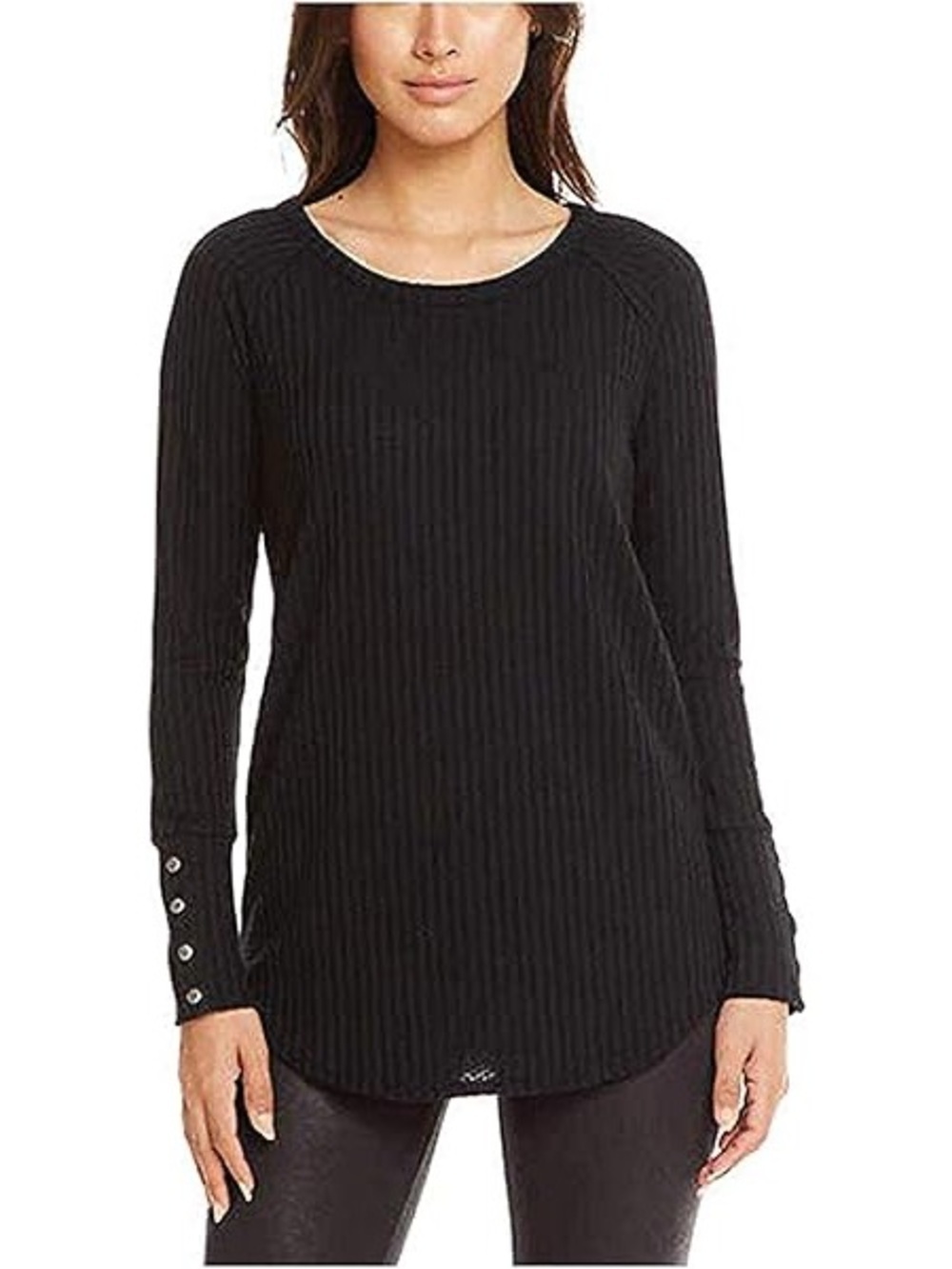 Chaser Black Cozy Ribbed Knit Long Sleeve Top with Button Cuffs - Size M